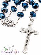 New Catholic Deep Blue Large Crystal Beads Rosary Holy Soil Medal &amp; Jesus Cross