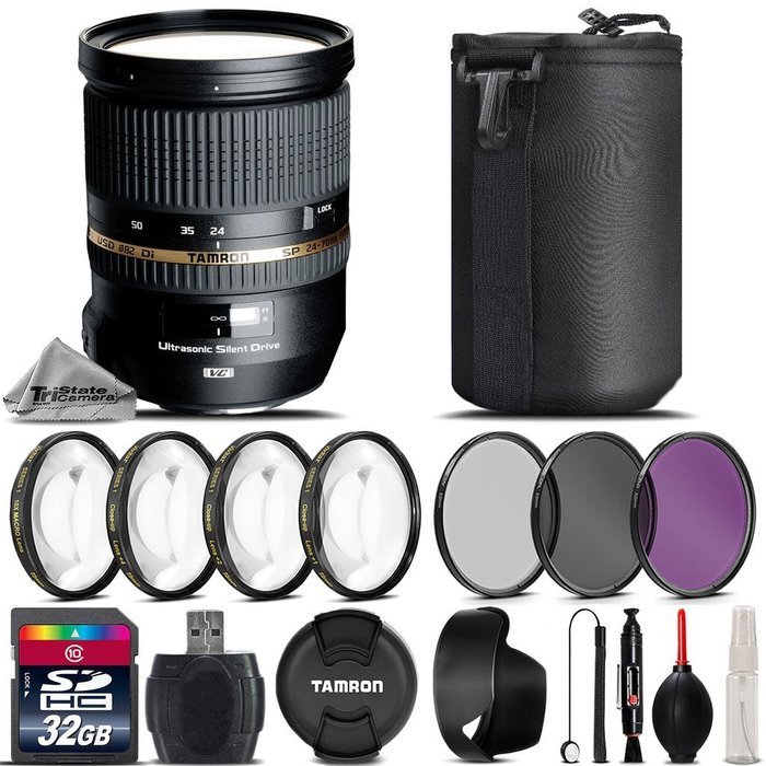 Tamron 24-70mm 2.8 VC Lens for Canon Cameras + 32GB Class 10 High Speed Memory Card + 4PC Macro Kit + UV-CPL-FLD...