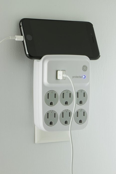 GE 25797 Surge Tap, 6 Outlets, 450J, 2 USB Ports, Device Shelf