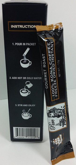 100% Kona Coffee Freeze Dried Instant (12 Individual 1.7g Stick Packs) N3