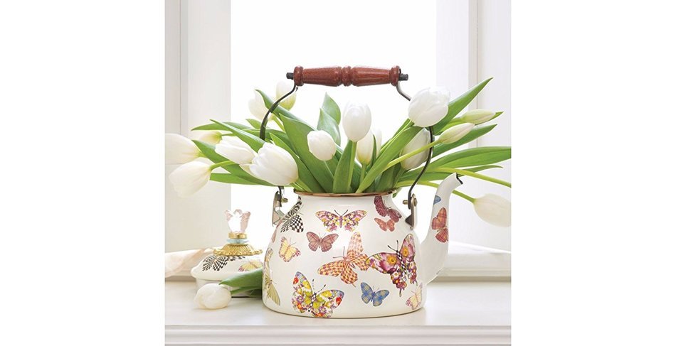 Mackenzie-Childs Butterfly Garden Enamel Tea Kettle 2 Quart - White N2