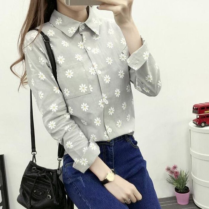 KAKA(TM) Girl Women Spring Autumn Long Sleeve Blouses Printing Flower Shirt White M N18