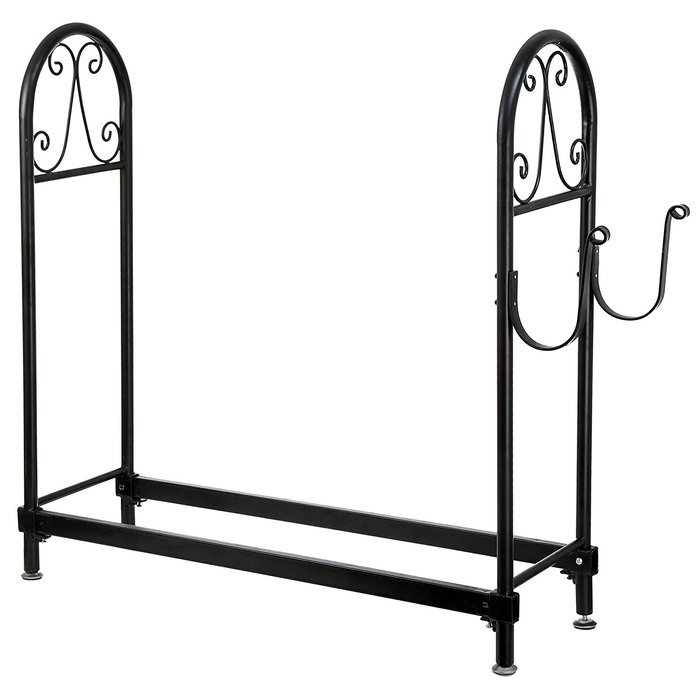 MyGift Fireside Wood Rack, Freestanding Log Holder with Kindling Hooks, Black N2