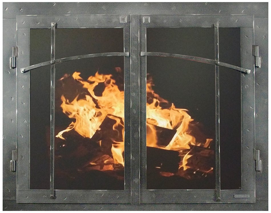 Ironhaus Iron Fireplace Glass Door with Gate Mesh with 2 1/2" Frame In Hammered Grained Pewter Finish, Craftsman...