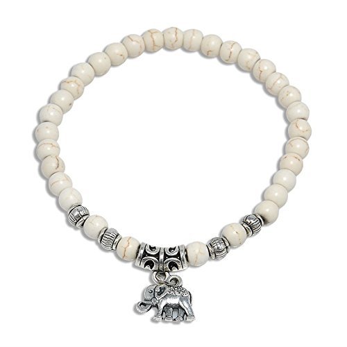 Charm White turquoise 6mm beads Tibet silver elephant Pendant Elastic bracelet N3