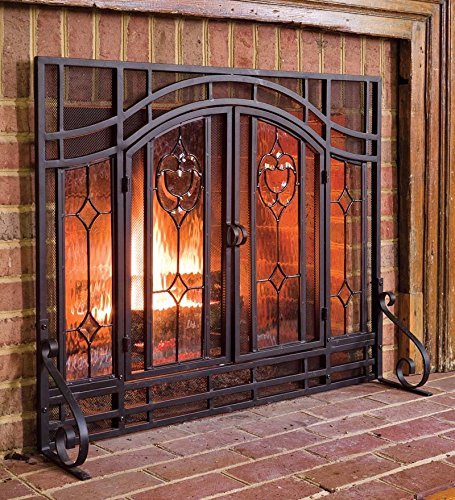 Small Two-Door Floral Fireplace Screen with Beveled Glass Panels, in Black
