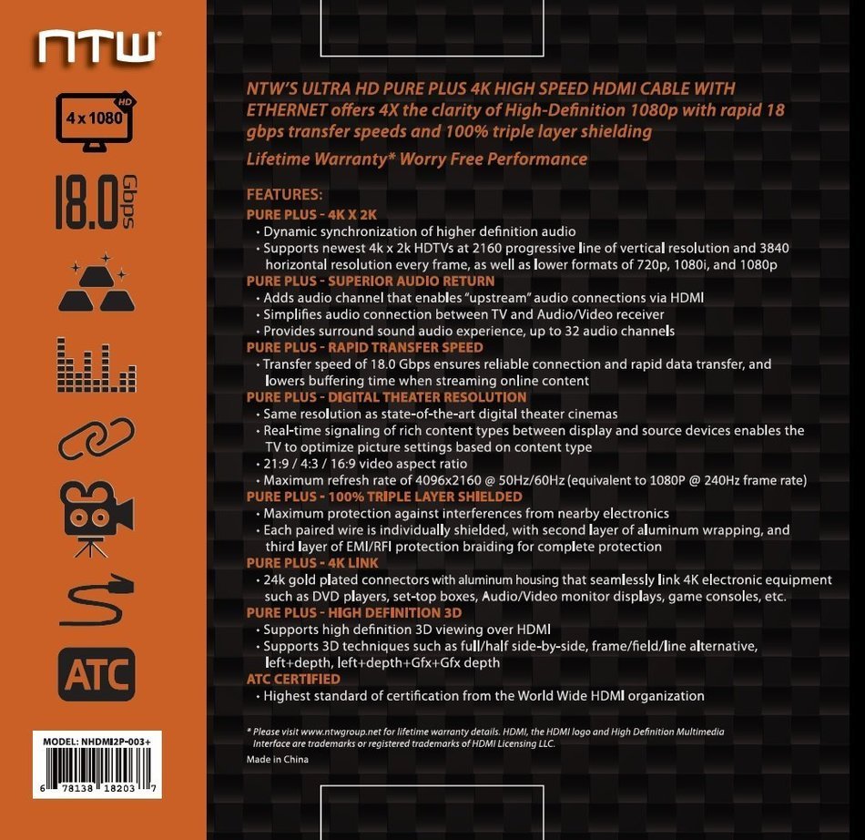 NTW NHDMI2P-006P 6' Ultra HD PURE PRO 4K High Speed HDMI Cable Offers 4X The Clarity