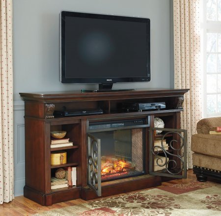 Ashley Alymere W66988SET 72" Wide XL TV Stand with W100-21 LG Infrared Fireplace Insert in Rustic Brown