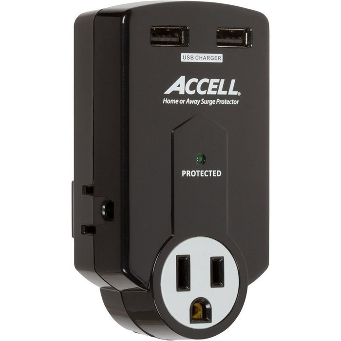 Accell D080B-010K 3-Outlet Travel Surge Protector with Dual USB Charging Ports - 612 Joules, 2.1A USB Output,...
