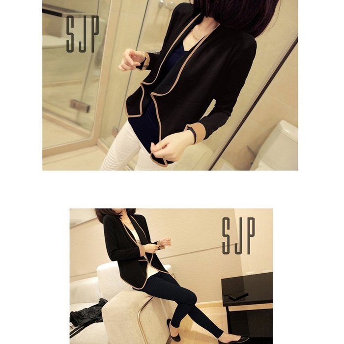 Evtech(tm) Women's Fashion Style Casual Suit Long-sleeved Short Jacket Slim Loose Cardigan Coat - Black with Apricot... N4