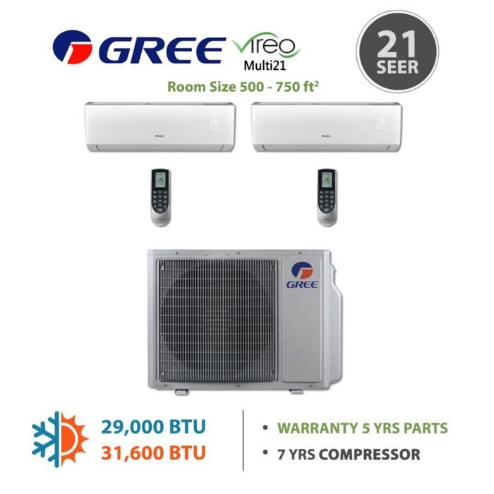 GREE Multi21 2 Zone VIREO Mini-Split System 18,000 BTU Heat Pump N2