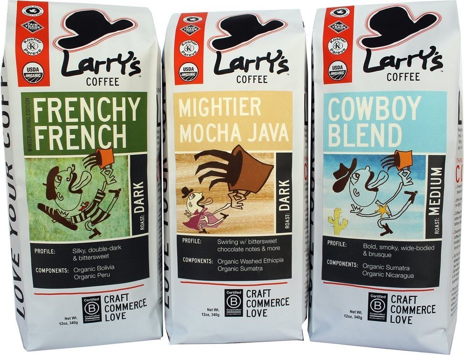 Larry's Coffee Organic Fair Trade Whole Bean, Bold Flavor Variety Pack, 3-count