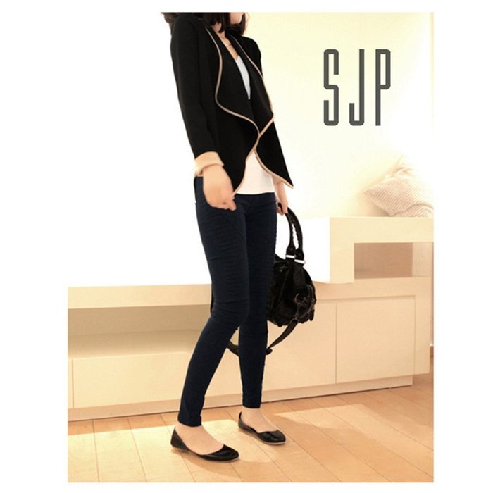 Evtech(tm) Women's Fashion Style Casual Suit Long-sleeved Short Jacket Slim Loose Cardigan Coat - Black with Apricot... N5