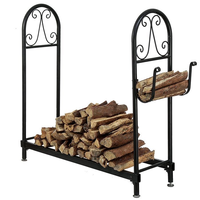 MyGift Fireside Wood Rack, Freestanding Log Holder with Kindling Hooks, Black N4