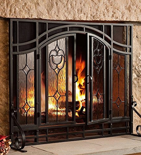Small Two-Door Floral Fireplace Screen with Beveled Glass Panels, in Black N2