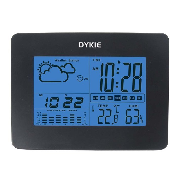 DYKIE Black Wireless Temperature-Humidity Weather Station with LCD Blue Backlight Digital Alarm Clock RS8725NBT-BK N2
