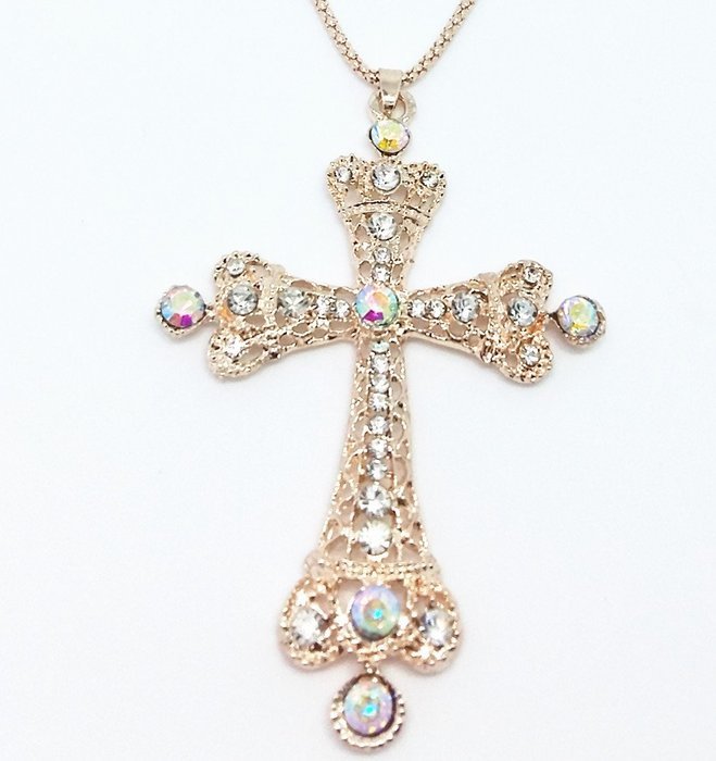 QTMY Women Diamond Cross Pendant long Necklace Jewelry Choker Collar