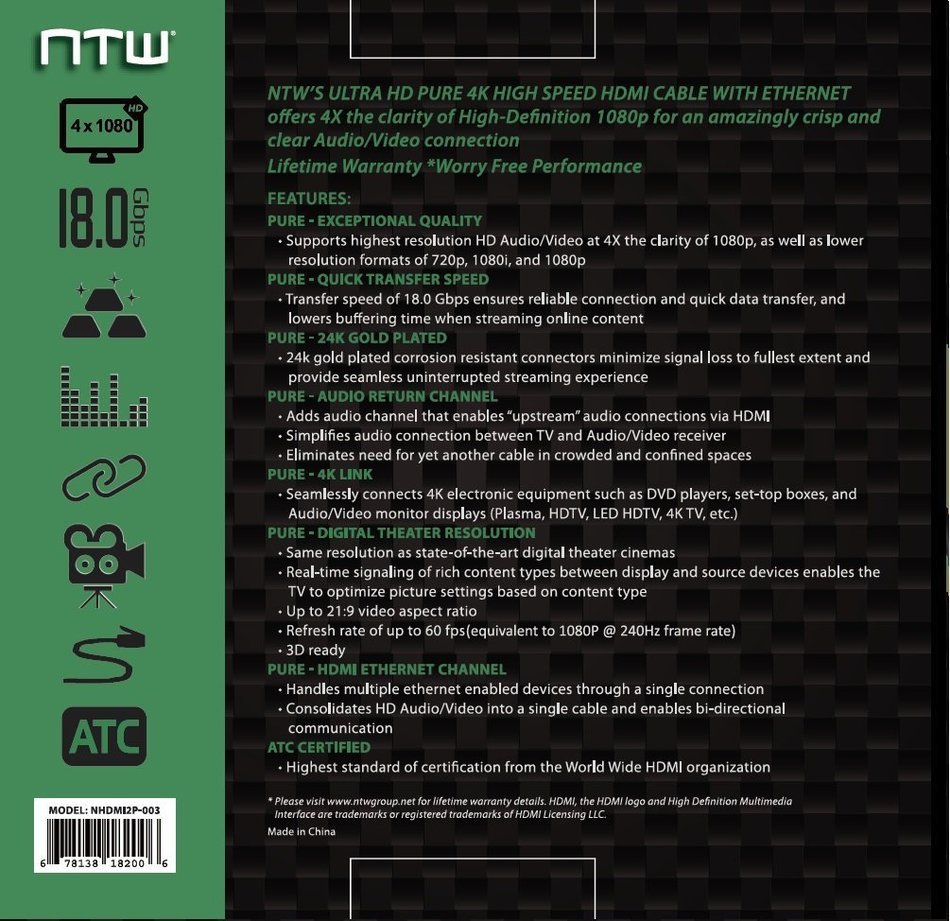 NTW NHDMI2P-006P 6' Ultra HD PURE PRO 4K High Speed HDMI Cable Offers 4X The Clarity N4