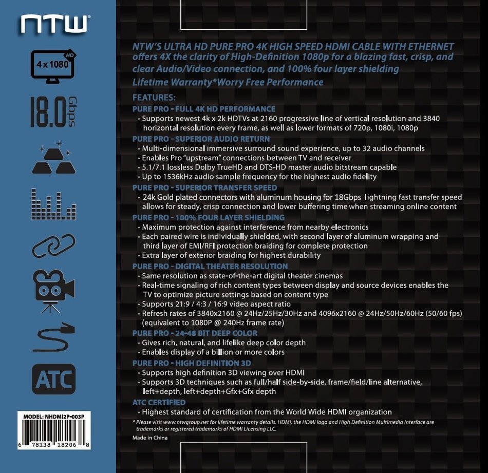 NTW NHDMI2P-006P 6' Ultra HD PURE PRO 4K High Speed HDMI Cable Offers 4X The Clarity N5