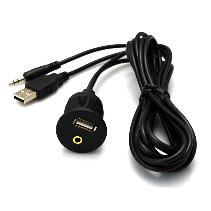 VIMVIP&reg; USB & 3.5mm AUX Extension Flush Mount 2 Meter Audio Cable , 1/8 AUX Car Bike Boat Motercycle Lead