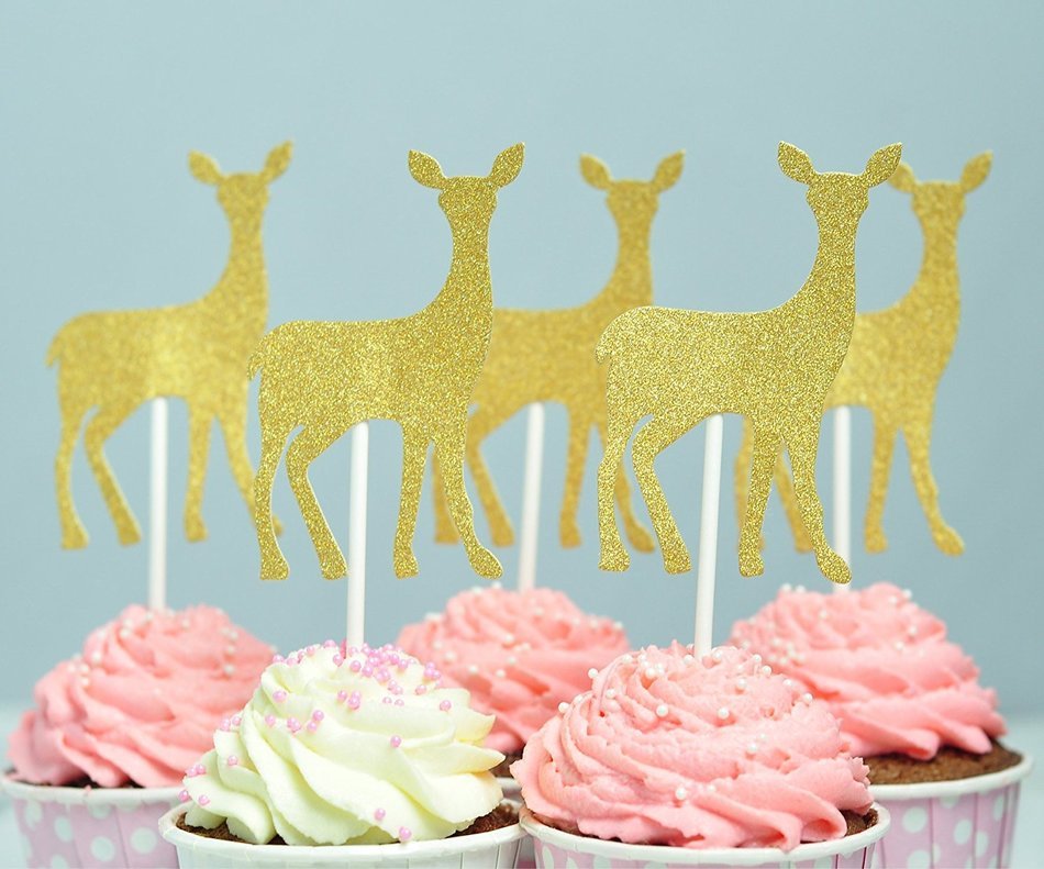 BeBeFun Cupcake Decorative Toppers Glitter Gold Toppers Deers Shape Cupcake Decorating Tools for Wedding Birthday...