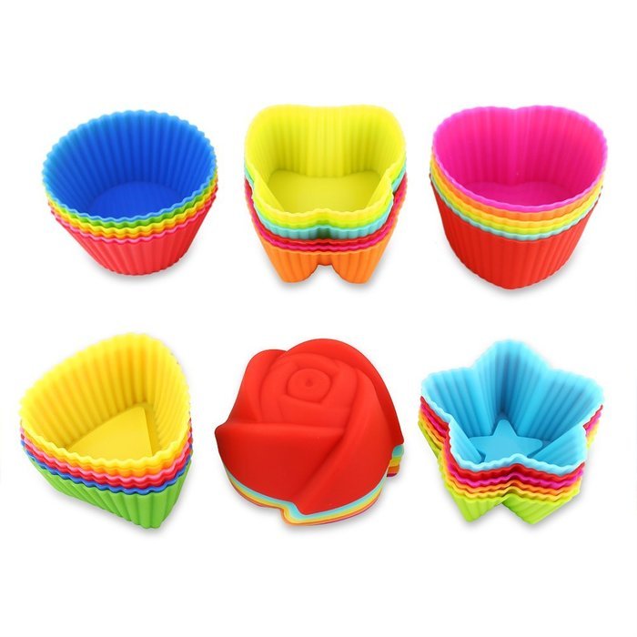 36 Pcs Reusable Silicone Baking Cups, Cupcake Liners, Muffin Cups, 6 Shapes with 6 Colors, Non-Stick, Heat Resistant... N3