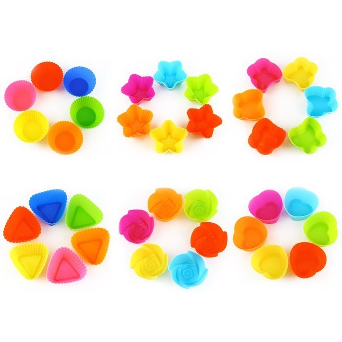 36 Pcs Reusable Silicone Baking Cups, Cupcake Liners, Muffin Cups, 6 Shapes with 6 Colors, Non-Stick, Heat Resistant... N4