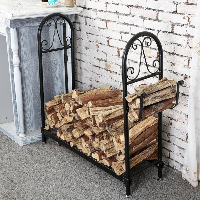MyGift Fireside Wood Rack, Freestanding Log Holder with Kindling Hooks, Black N5