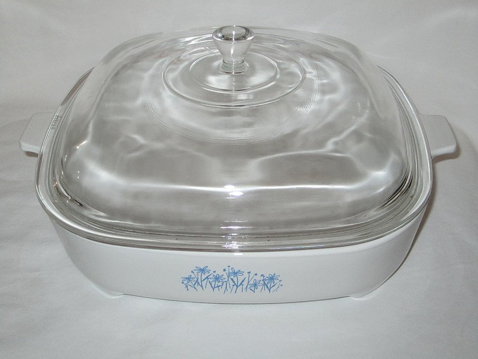 Vintage 1980s Sears Corning Ware White " Blue Flower " Covered Microwave Browning Skillet Dish w/ Lid MW-16