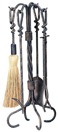 Uniflame, F-1695, 5pc Antique Copper Wrought Iron Fireset With Ring/Swirl Handles