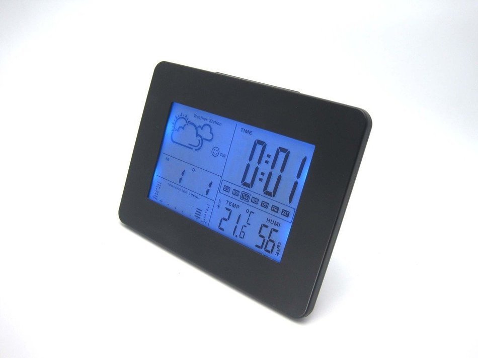 DYKIE Black Wireless Temperature-Humidity Weather Station with LCD Blue Backlight Digital Alarm Clock RS8725NBT-BK N3