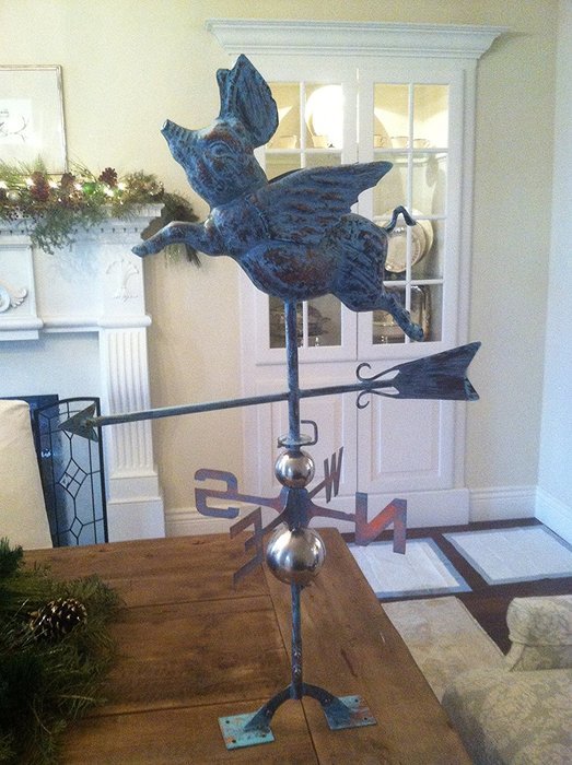 LARGE Handcrafted FULL BODY 3- Dimensional FLYING PIG Weathervane Copper Patina Finish