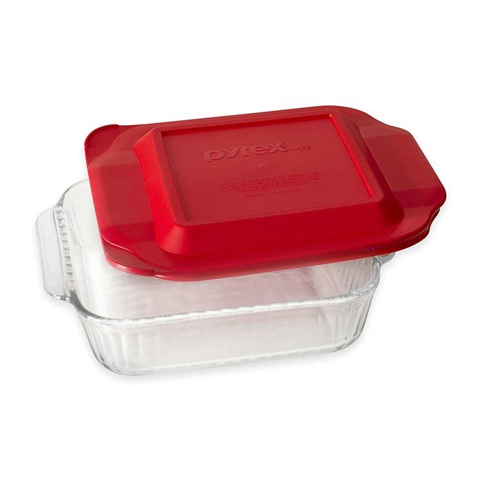 Pyrex 8" Sculpted Sqaure Dish with White Lid (Red Lid Pictured)