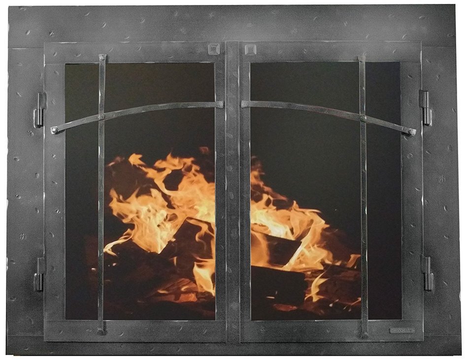 Ironhaus Iron Fireplace Glass Door with Gate Mesh with 4" Frame In Hammered Grained Pewter Finish, Craftsman Design...
