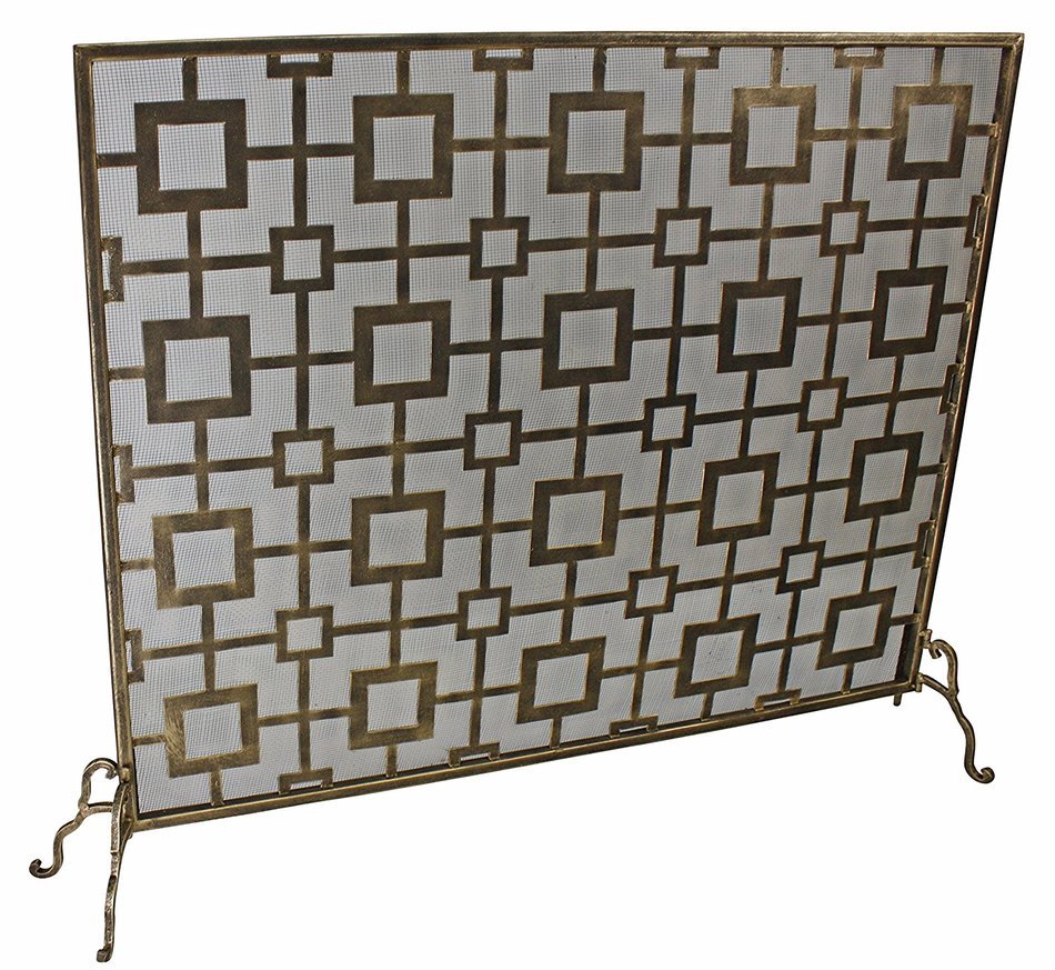 Light Burnished Gold Iron Geometric Square Design Single Panel Fire Screen with Mesh Backing