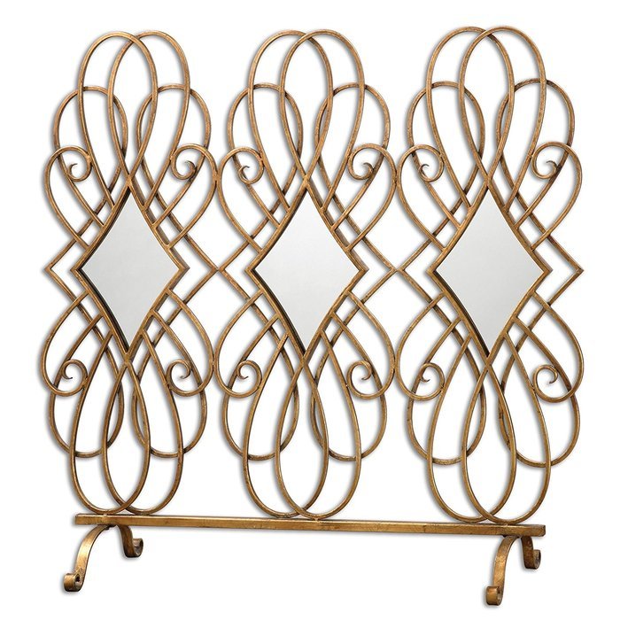 Contemporary Gold Swirl Fireplace Screen | Mirrored Metal Open Scroll