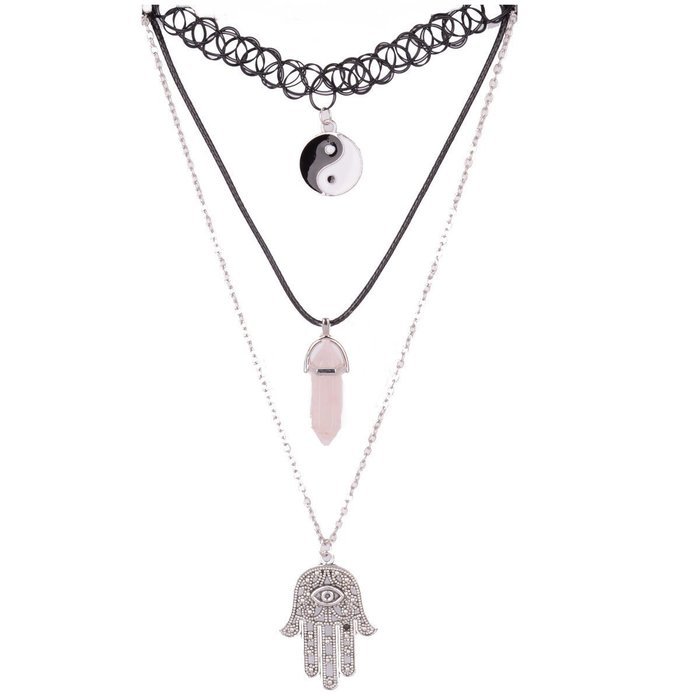 3P Quartz Multi Layer Goth Tattoo Choker Necklace Stretch Elastic Goth Boho 90s N3