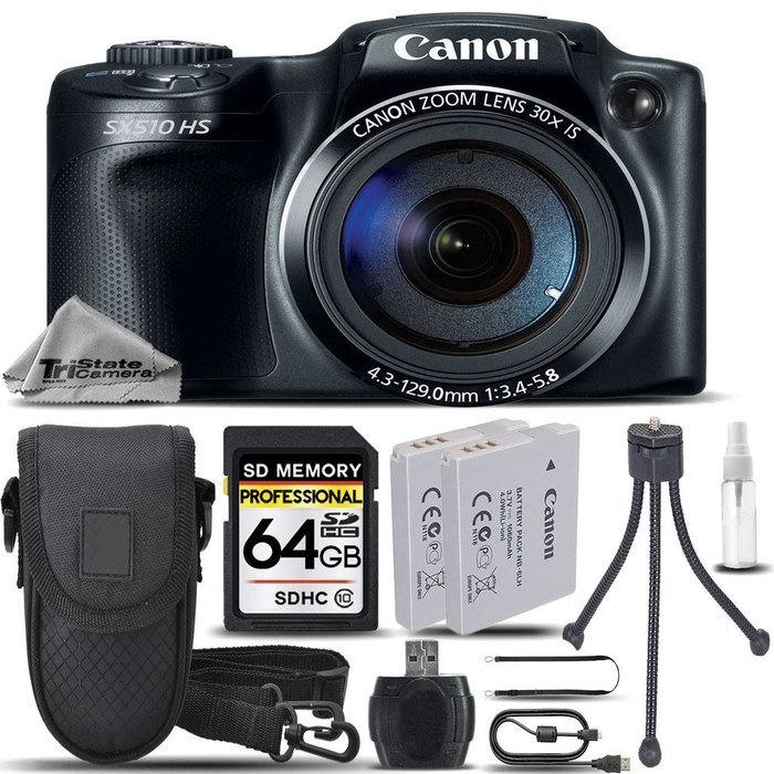 Canon Power Shot SX510 HS Point-and-Shoot Camera + 64GB CLASS 10 MEMORY CARD + Backup Battery + Card Reader +...