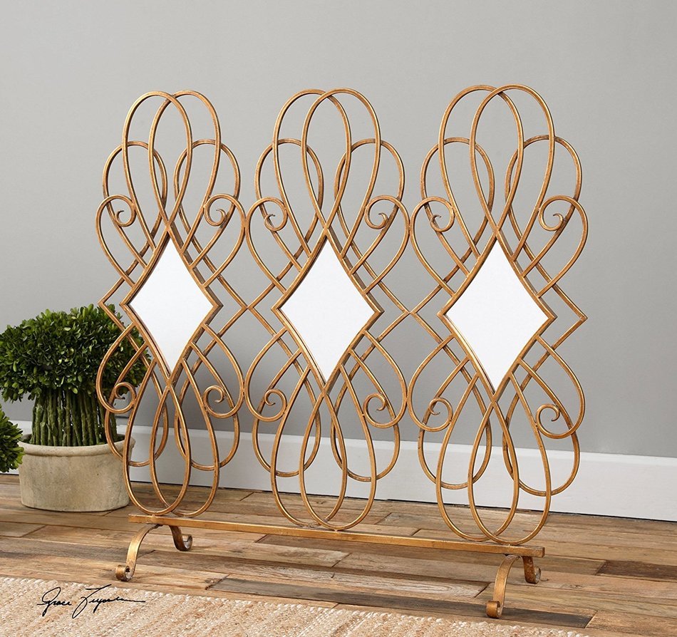 Contemporary Gold Swirl Fireplace Screen | Mirrored Metal Open Scroll N2