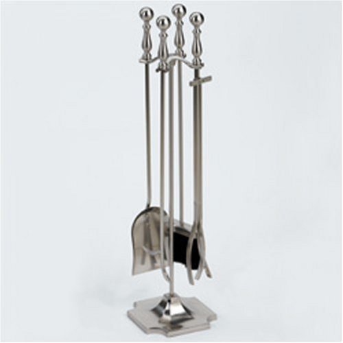 COLONIAL QUATREFOIL Fireplace Hearth Woodstove Tool Set - BRUSHED NICKEL