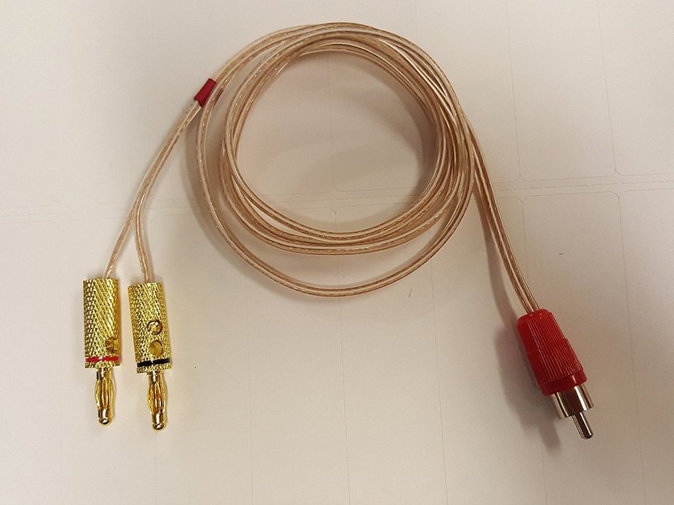 3 Foot - Pair of RCA Males (Black & Red) to 2 Pairs of Banana Plugs on 16 AWG Speaker