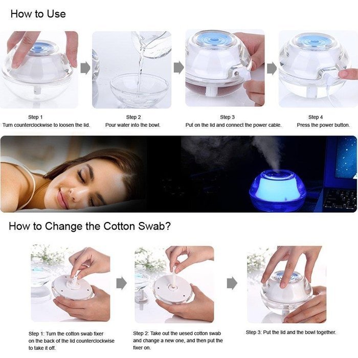 Portable Cool Air Humidifier with USB Cable - It's Also a Cute Crystal Night Light - Small Mini Portable Lightweight... N8