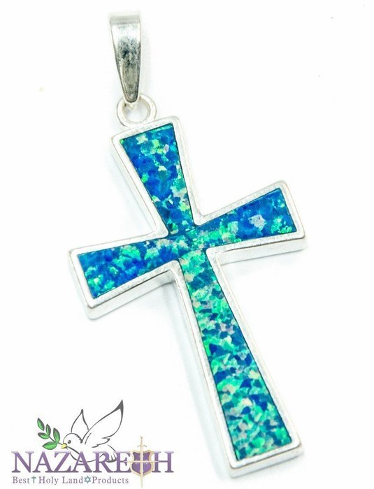 Jerusalem Opal Cross Pendant 1" Sterling Silver 925 Handmade Holy Land