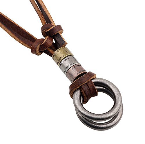 Vintage Retro Mens Leather Cord Necklace Double Circle Ring Pendant Jewelry Gift N2