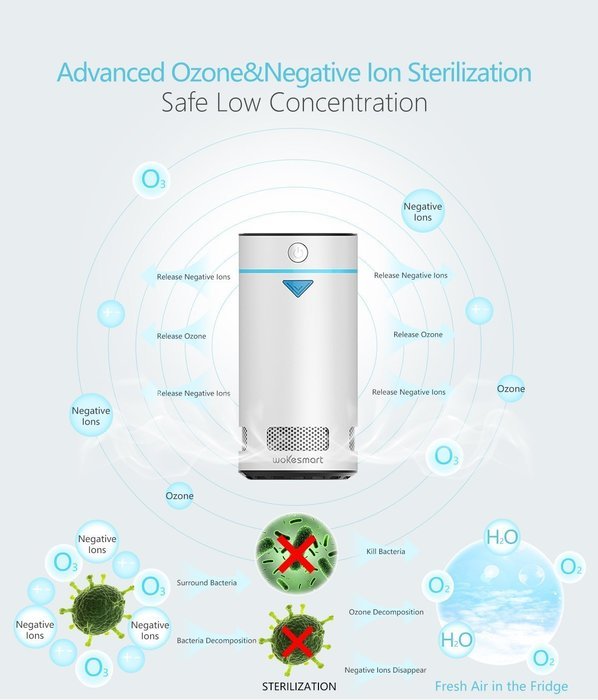 Wokesmart Refrigerator Deodorizer, Ionizer Air Purifier, Fridge Ionic Food Freshener Preserver, Waterproof Ozone... N10