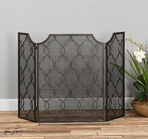 Arabesque Fretwork Forged Metal 3 Panel Fireplace Screen w/ Mesh Backing