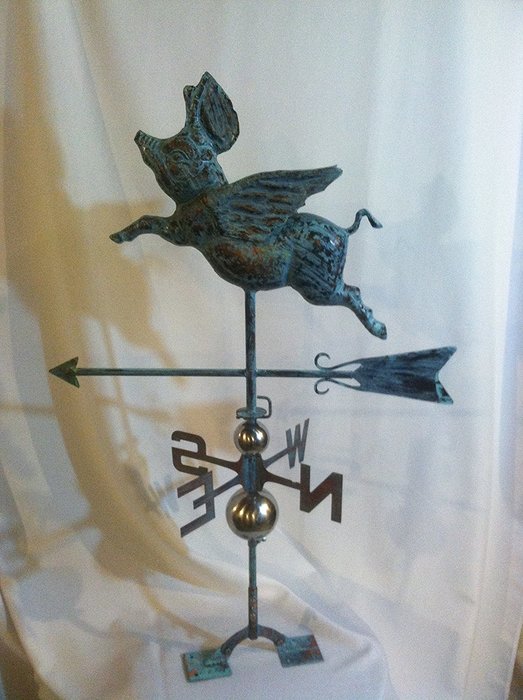 LARGE Handcrafted FULL BODY 3- Dimensional FLYING PIG Weathervane Copper Patina Finish N3
