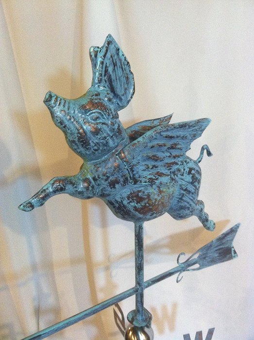 LARGE Handcrafted FULL BODY 3- Dimensional FLYING PIG Weathervane Copper Patina Finish N4