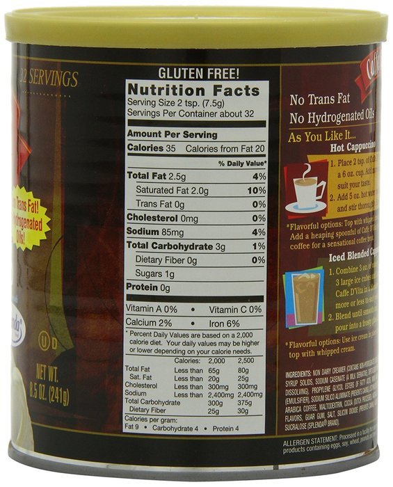 Caffe D'Vita Sugar Free French Vanilla Cappuccino Mix, 8.5-Ounce Canisters (Pack of 6) N7