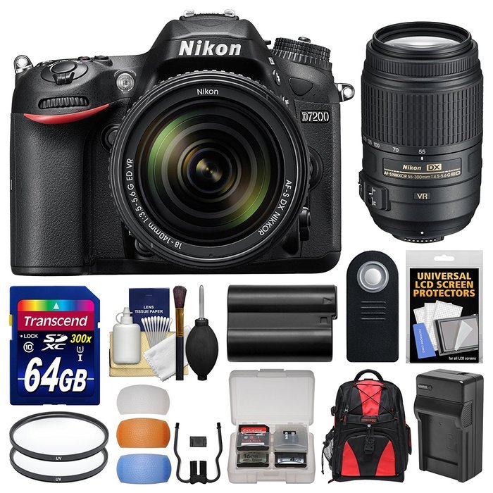 Nikon D7200 Wi-Fi Digital SLR Camera Body with 18-300mm VR Lens + 64GB Card + Backpack + Battery/Charger + Kit